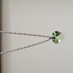 Pale Green Crystal Heart Faceted Necklace -  Silvertone Chain Incl NWOT